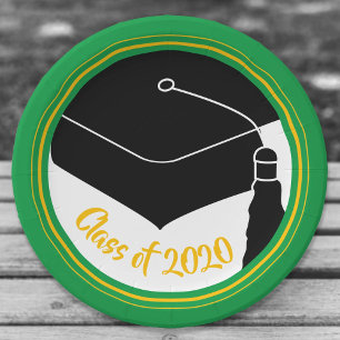 Grad Cap Green and Gold Class Year Paper Plate