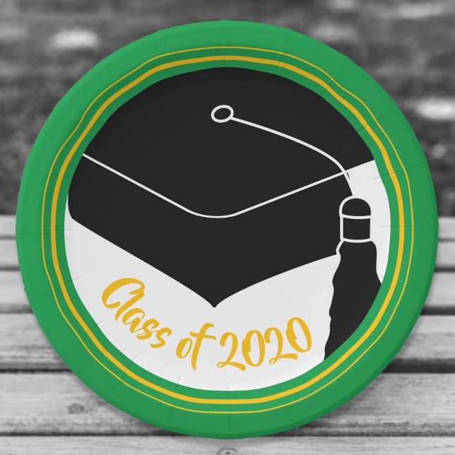 Grad Cap Green and Gold Class Year Paper Plate (Creator Uploaded)