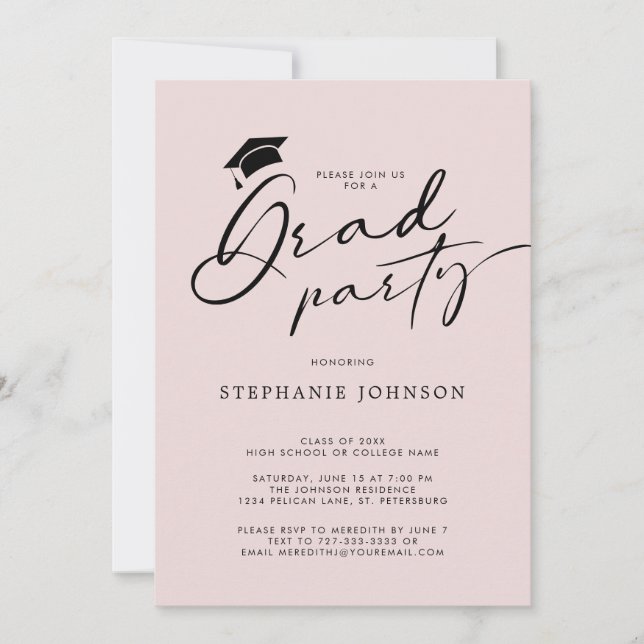 Grad Cap Modern Calligraphy Blush Graduation Party Invitation (Front)
