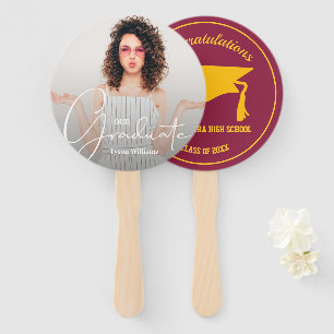 Grad Cap Modern Graduate Photo Maroon Gold Hand Fan