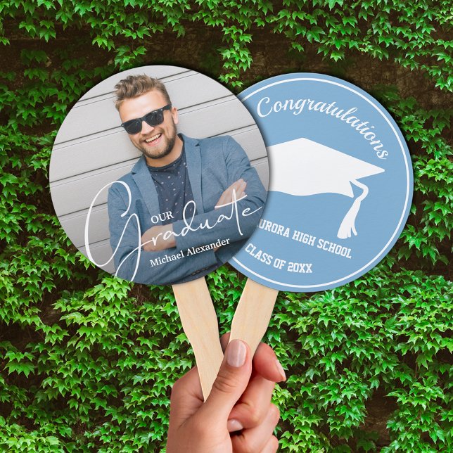 Grad Cap Modern Graduate Photo Powder Blue Hand Fan (Keep cool on graduation day or at your party with these photo double-sided hand fans.)
