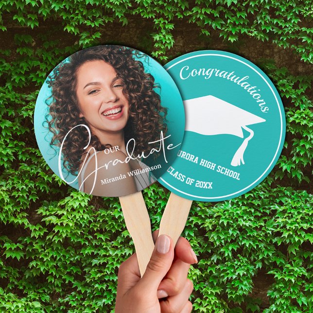 Grad Cap Modern Graduate Photo Turquoise Hand Fan (Keep cool on graduation day or at your party with these photo double-sided hand fans.)