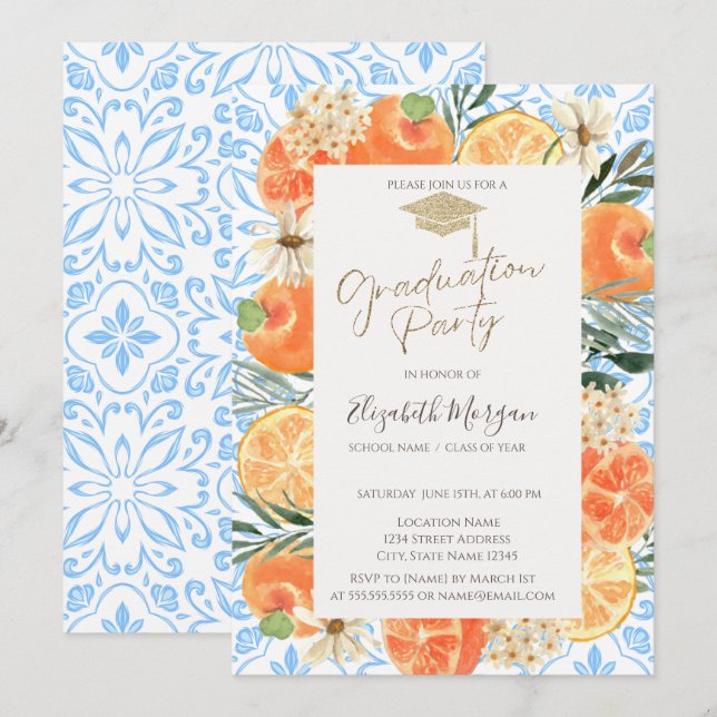Grad Cap,Orange Mediterranean Blue Graduation Invitation (Front/Back)