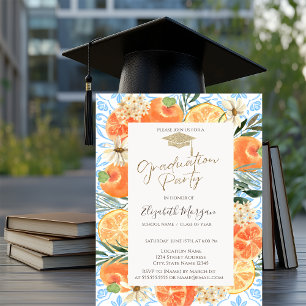 Grad Cap,Orange Mediterranean Blue Graduation Invitation