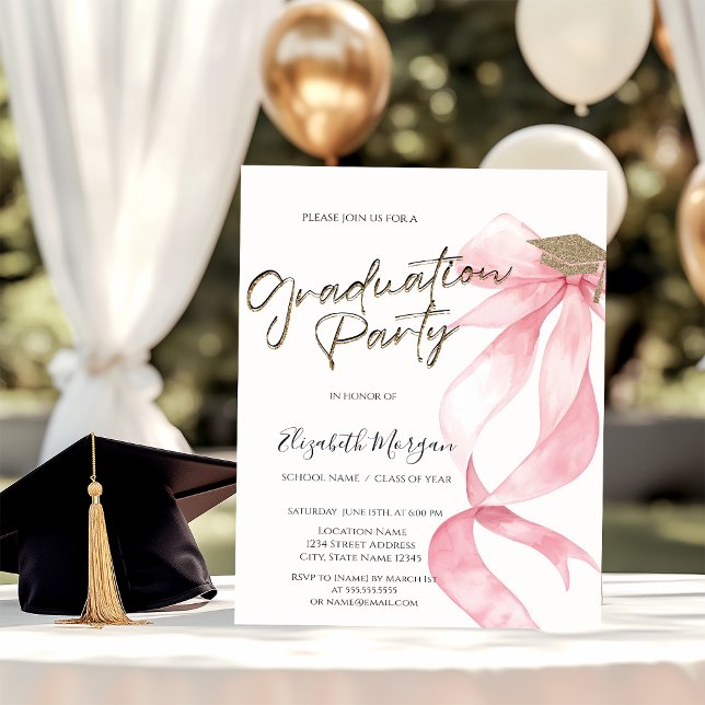 Grad Cap Pink Bow Your Photo Graduation  Invitation (Creator Uploaded)
