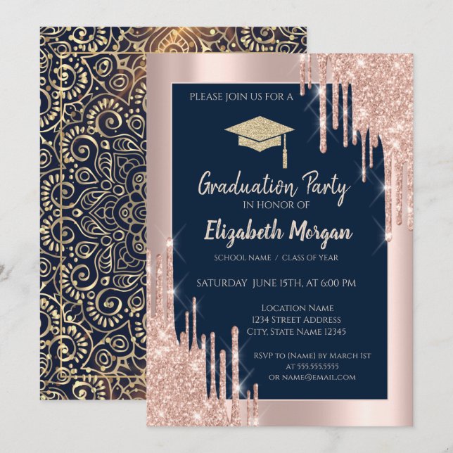  Grad Cap,Rose Gold Drips,Navy Blue Gold Mandala Invitation (Front/Back)