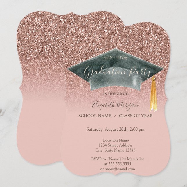 Grad Cap Rose Gold Glitter Ombre Graduation  Invitation (Front/Back)