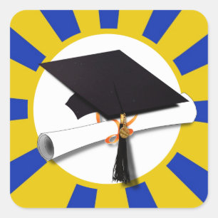 Grad Cap School Colours Blue and Gold Square Sticker