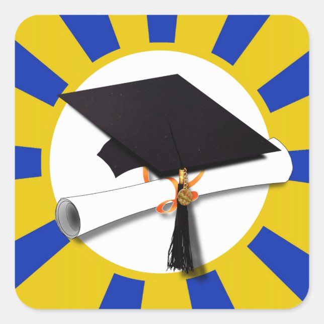 Grad Cap School Colours Blue and Gold Square Sticker (Front)