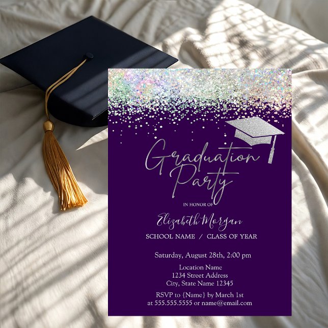 Grad Cap Tassel Confetti Purple Graduation  Invitation (Creator Uploaded)