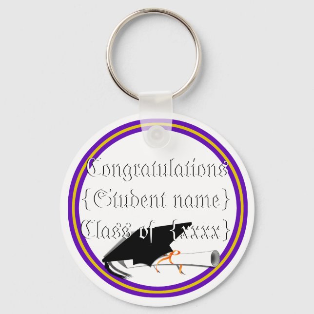 Grad Cap Tilt & Diploma  w/ Colors Purple & Gold Key Ring (Front)