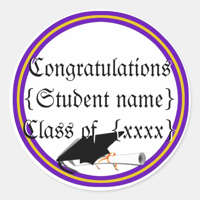 Grad Cap Tilt & Diploma  w/ Colours Purple & Gold Classic Round Sticker (Front)
