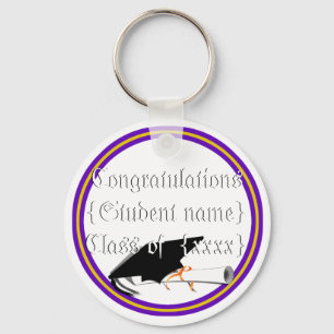 Grad Cap Tilt & Diploma w/ Colours Purple & Gold Key Ring