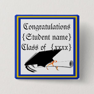 Grad Cap Tilt w/ School Colours Blue And Gold 15 Cm Square Badge