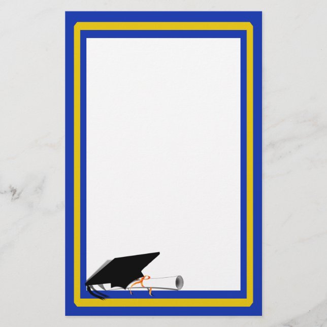 Grad Cap Tilt w/ School Colours Blue And Gold Stationery (Front)