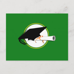 Grad Cap Tilt w/ School Colours Green and Gold Postcard