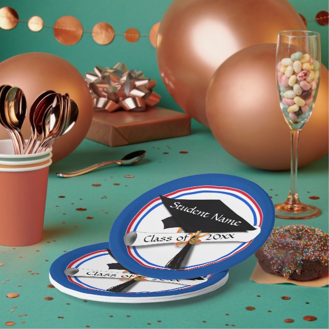 Grad Cap w/Diploma - Red & Blue School Colours Paper Plate (Multi)