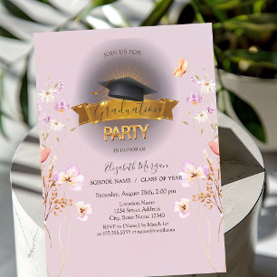 Grad Cap,Wildflowers Photo Purple Graduation Invitation