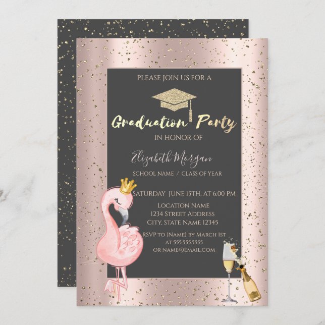  Grad Cap,Wine,Flamingo Rose Gold Graduation Invitation (Front/Back)