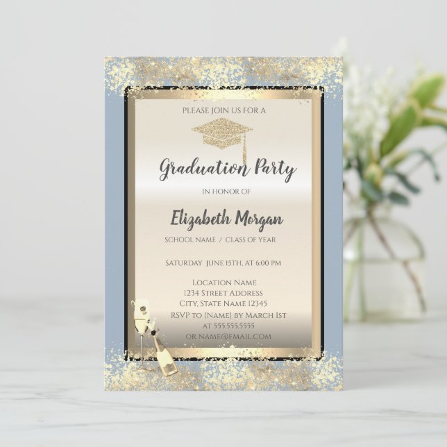 Grad Cap,Wine Glass Confetti Dusty Blue Graduation Invitation (Standing Front)
