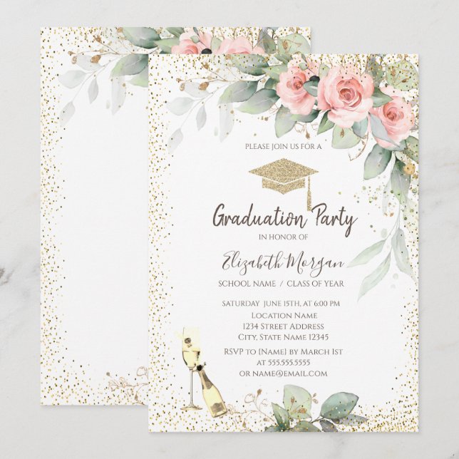 Grad Cap,Wine Glass,Flowers Graduation Invitation (Front/Back)