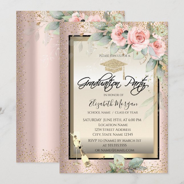 Grad Cap,Wine Glass,Flowers Rose Gold Graduation Invitation (Front/Back)