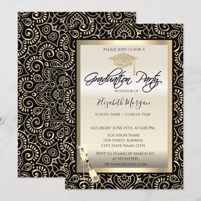 Grad Cap,Wine Glass Gold Mandala  Graduation  Invitation (Front/Back)