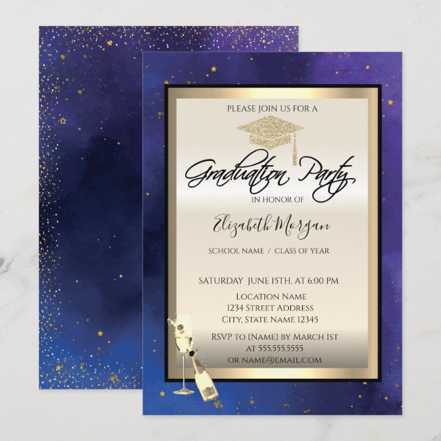 Grad Cap,Wine Glass,Stars Navy Blue Graduation  Invitation (Front/Back)