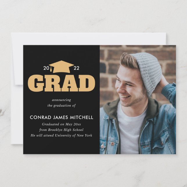 GRAD Cap Year Graduate Black Gold Photo Graduation Announcement (Front)