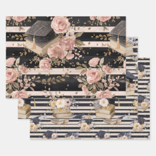 Grad Caps & Roses Trio Wrapping Paper Sheet