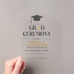 Grad Ceremony Gold and Grey Retro Typography Acrylic Invitations