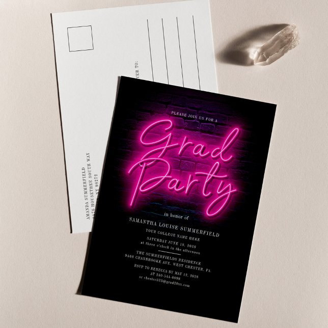 Grad Class 2025 Pink Neon Script Graduation Party Invitation Postcard (Pink Neon Script Graduation 2024 Party Invitation Postcard)