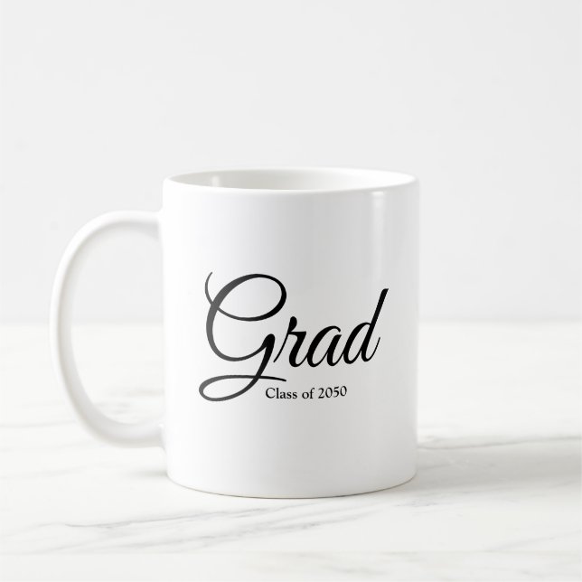 Grad class of 2024 black white custom script text coffee mug (Left)