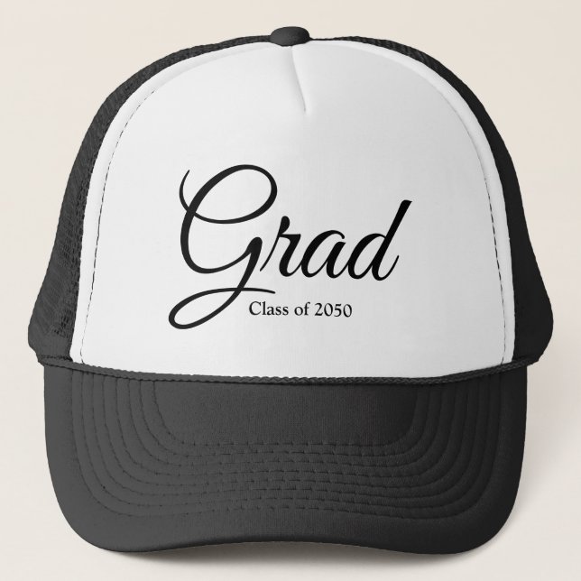 Grad class of 2024 black white custom script text trucker hat (Front)