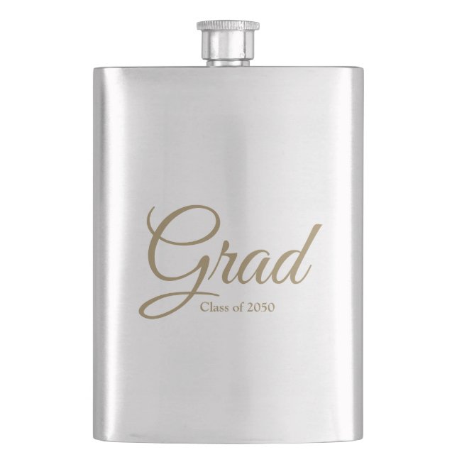 Grad class of 2024 gold custom script text hip flask (Front)