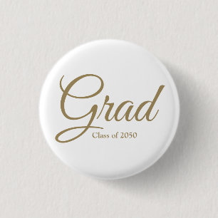 Grad class of 2024 gold white custom script text 3 cm round badge