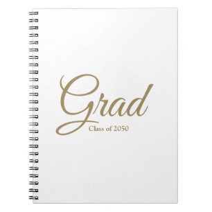 Grad class of 2024 gold white custom script text notebook