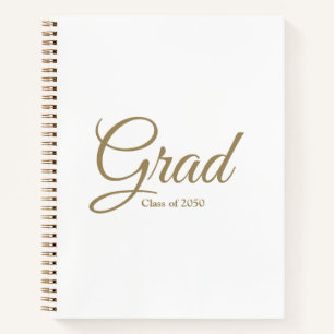 Grad class of 2024 gold white custom script text notebook