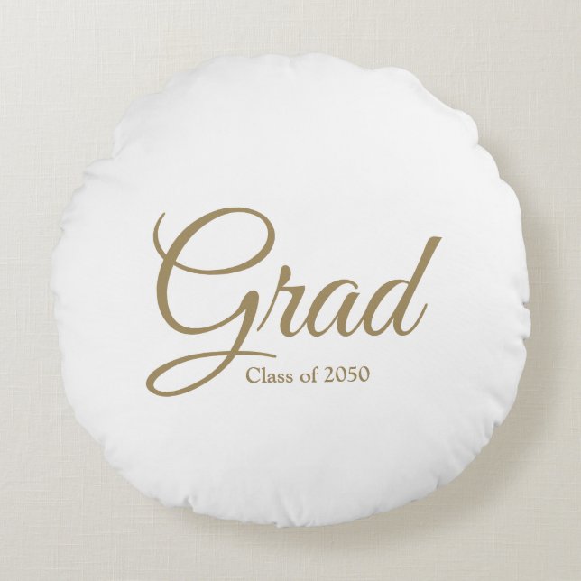 Grad class of 2024 gold white custom script text round cushion (Front)