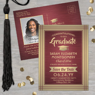 Grad Congrats Burgundy & Gold Save the Date Photo Announcement Postcard