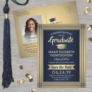 Grad Congrats Navy Blue & Gold Save the Date Photo Announcement Postcard