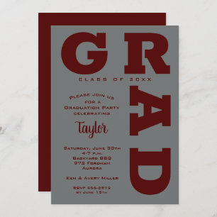 GRAD Dark Maroon on Grey Graduation Invitation