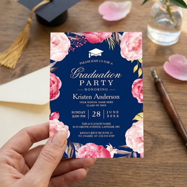Grad Floral Wreath Navy Blue Graduation Party Invitation (Creator Uploaded)