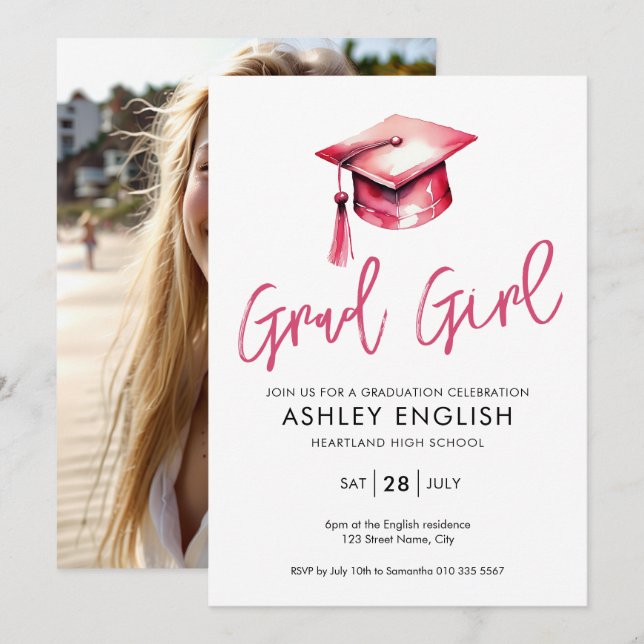 Grad Girl Pink Graduation Invitation (Front/Back)