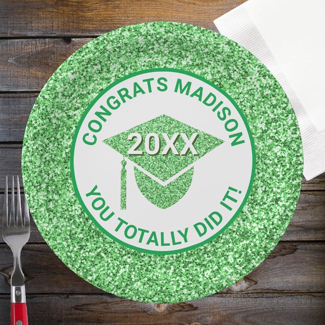 Grad Glam Green Cap Elegant Graduation Party Paper Plate (Creator Uploaded)