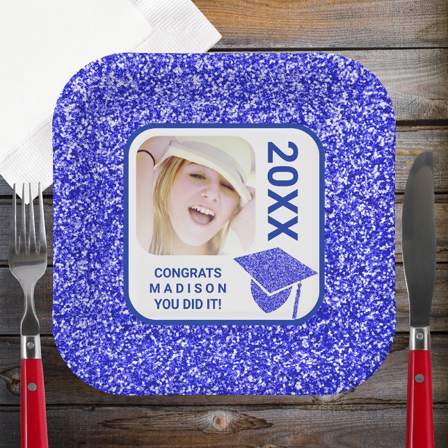 Grad Glam Navy Cap Elegant Cool Photo Party Paper Plate (Creator Uploaded)