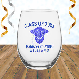 Grad Glam Navy Cap Name Class Of Graduation Stemless Wine Glass