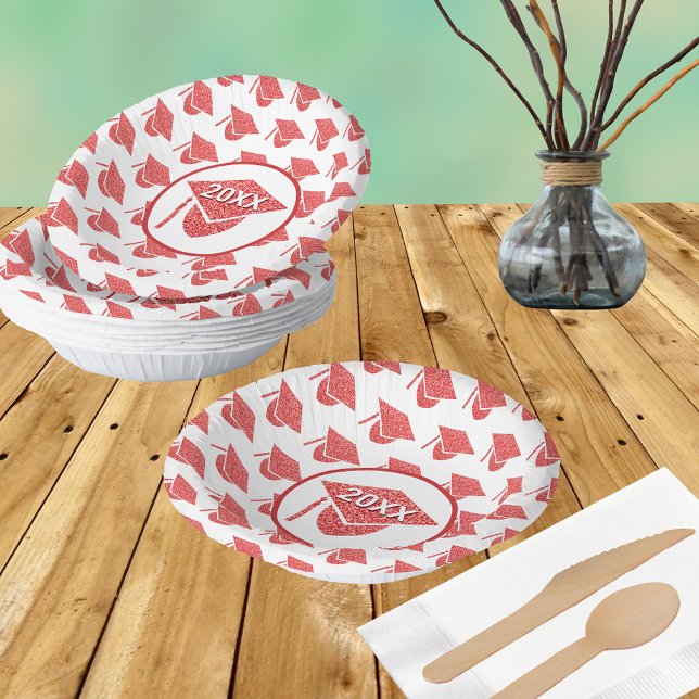 Grad Glam Red Cap Chic School Colours Pattern Paper Plate (Creator Uploaded)