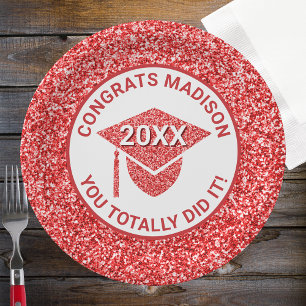 Grad Glam Red Cap Elegant Graduation Party Paper Plate