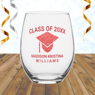Grad Glam Red Cap Name Class Of Graduation Stemless Wine Glass